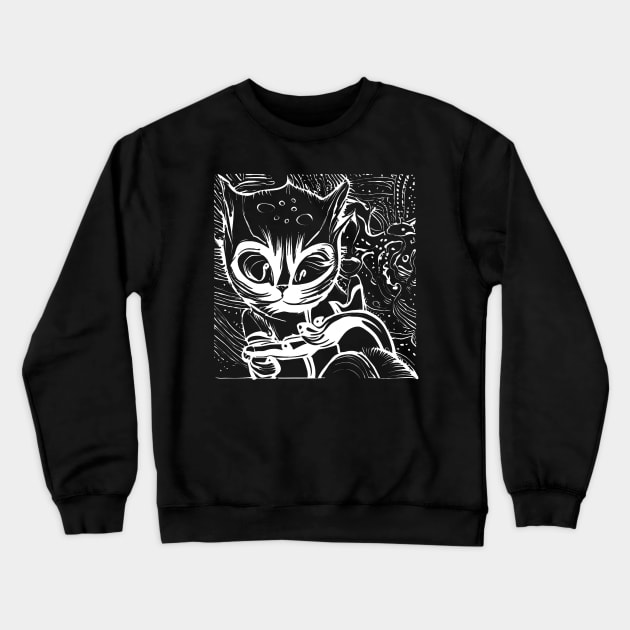 Funny Alien Cat - Whimsical White Hand Drawing Crewneck Sweatshirt by Rishirt